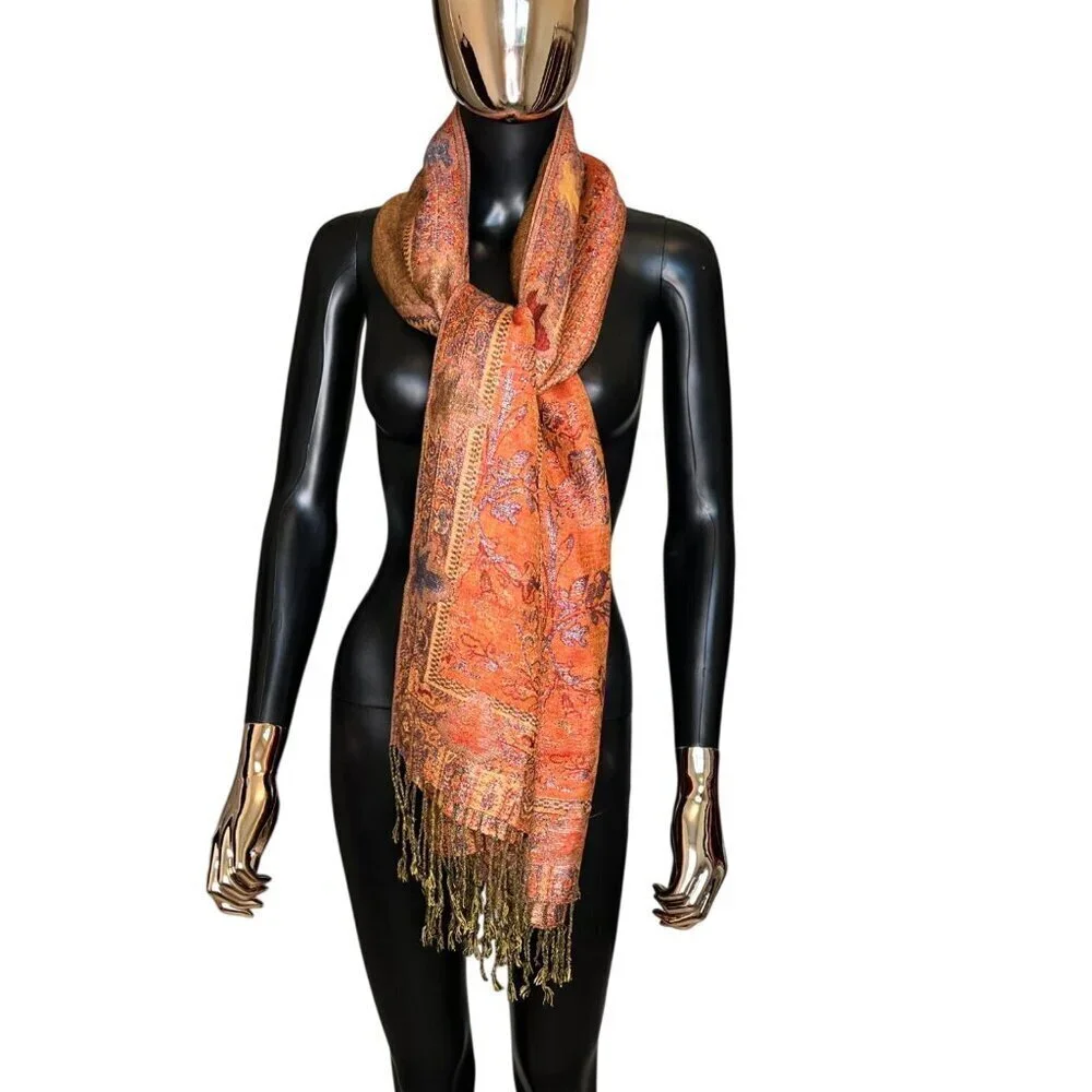 Rust Orange Pashmina Silk Blend Oversized Scarf Wrap Shawl